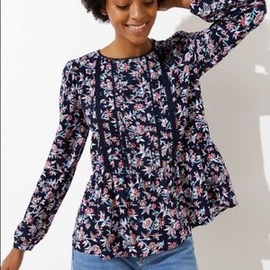 LOFT Navy Floral Lace Trim Peplum Blouse